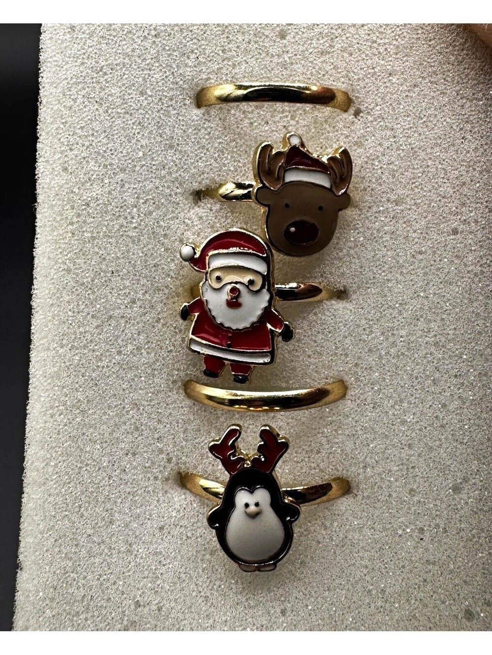 Christmas Ring Set 5 Pc Santa Reindeer Penguin Gold Tone Enamel Holiday Rings-S6